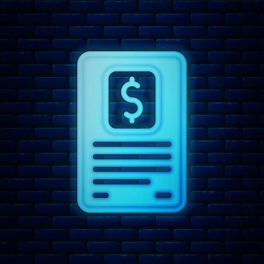 Işıldayan neon işletme finans raporu tuğla duvar arka planında izole edilmiş bir simge. Denetim ve analiz, belge, plan sembolü. Vektör.