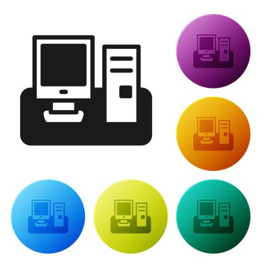 Beyaz arkaplanda klavye ve fare simgesine sahip siyah bilgisayar monitörü. Bilgisayar bileşeni işareti. Simgeleri renk daire düğmelerine ayarla. Vektör.