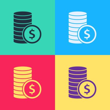 Dolar sembollü Pop Art Coin parası renk arkaplanında izole edilmiş. Bankacılık işareti. Para sembolü. Vektör.