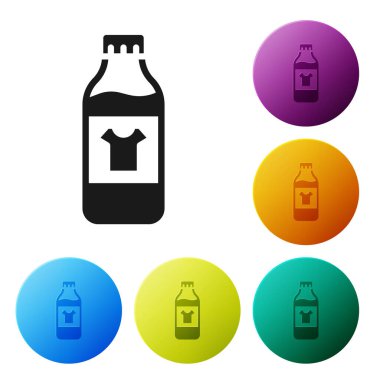 Çamaşır deterjanı, çamaşır suyu, bulaşık deterjanı ya da beyaz arka planda izole edilmiş başka bir temizlik malzemesi için siyah plastik şişe. Simgeleri renk daire düğmelerine ayarla. Vektör.