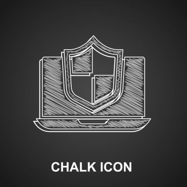 Siyah arkaplanda kalkan simgesi olan tebeşir dizüstü bilgisayar korunuyor. Bilgisayar güvenliği, güvenlik duvarı teknolojisi, özel güvenlik. Vektör.