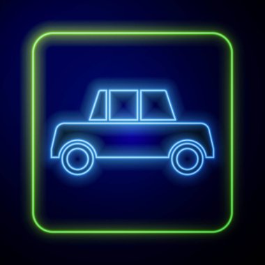 Parlayan neon araba simgesi mavi arkaplanda izole edildi. Ön manzara. Vektör.