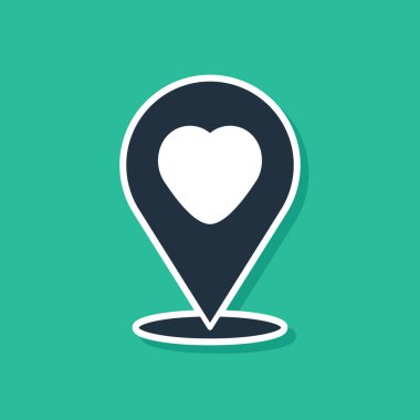 Yeşil arkaplanda kalp simgesi olan mavi harita işaretçisi. Sevgililer Günü. Aşk yeri. Romantik harita iğnesi. Vektör.
