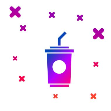 Beyaz arka planda izole edilmiş saman ve su ikonu içen renkli kağıt bardak. Soda bardağı. Taze soğuk içecek sembolü. Kademeli rastgele dinamik şekiller. Vektör.