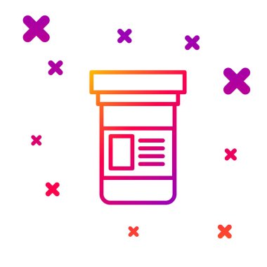 Beyaz arka planda izole edilmiş renkli ilaç şişesi simgesi. Şişe hapı işareti. Eczane tasarımı. Kademeli rastgele dinamik şekiller. Vektör İllüstrasyonu.