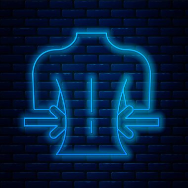 Parlayan neon çizgisi masajı simgesi tuğla duvar arkasında izole edildi. Rahatlatıcı, boş zaman. Vektör.