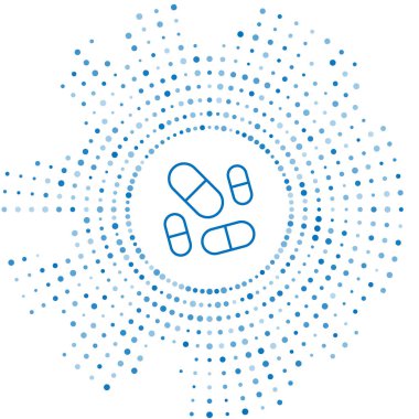 Beyaz arka planda izole edilmiş mavi çizgi haplı kapsül ikonu vitamin kompleksi. Sağlıklı bir yaşam tarzı. Soyut çember rastgele noktalar. Vektör.