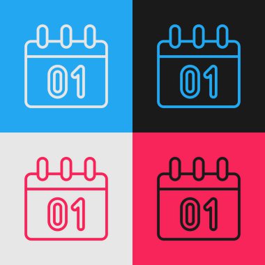 Pop sanat çizgisi takvim simgesi renk arkaplanında izole edildi. Olay hatırlatma sembolü. Mutlu Noeller ve mutlu yıllar. Vektör.