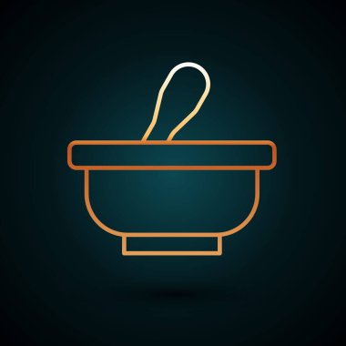 Altın çizgili havan topu ve tokmak simgesi koyu mavi arkaplanda izole edilmiş. Vektör.