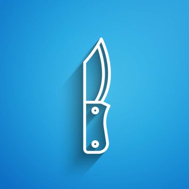 Mavi arka planda beyaz çizgili askeri bıçak ikonu var. Uzun gölge. Vektör.