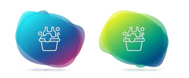 Beyaz arkaplanda izole edilmiş sabun köpükleri simgesiyle plastik bir leğen oluşturun. Sulu kase. Çamaşır yıkama, temizlik malzemeleri. Sıvı şekilli soyut pankart. Vektör.