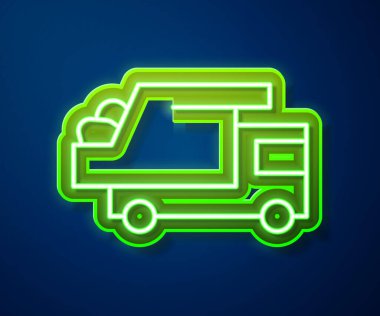 Parlayan neon hattı çöp kamyonu simgesi mavi arka planda izole edildi. Vektör.