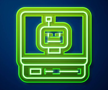 Parlayan neon çizgisi robot simgesi mavi arkaplanda izole edildi. Yapay zeka, makine öğrenme, bulut hesaplama. Vektör.
