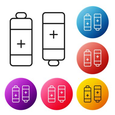 Siyah çizgi batarya simgesi beyaz arkaplanda izole edildi. Şimşek sembolü. Renkli daire düğmelerini ayarlayın. Vektör.