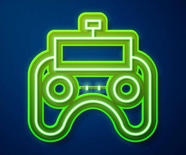 Parlayan neon hattı uzaktan kontrol simgesi mavi arkaplanda izole edildi. Vektör.