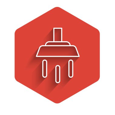 Su damlaları akan beyaz çizgi başlıklı uzun gölgeli ikon. Kırmızı altıgen düğmesi. Vektör.