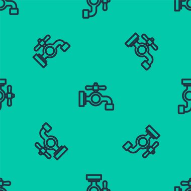 Mavi çizgi su musluğu ikonu yeşil zeminde izole edilmiş pürüzsüz desen. Vektör.