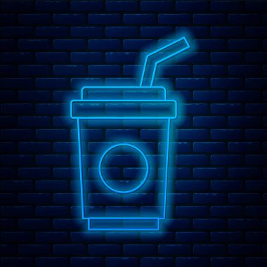 Duvarda izole edilmiş pipet ve su ikonu ile parlayan neon şeritli kağıt bardak. Soda bardağı. Taze soğuk içecek sembolü. Vektör.