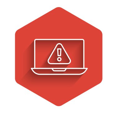 Ünlem simgesi olan beyaz çizgi dizüstü bilgisayar uzun gölgeli izole edilmiş. Uyarı mesajı akıllı telefon uyarısı. Kırmızı altıgen düğmesi. Vektör.