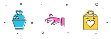 Kalpli düğün pastası, elinde yüzükler ve alışveriş poşeti ikonu olsun. Vektör.