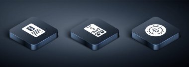 Isometric Business finans raporunu, Bitcoin ve Mobil hisse senedi simgesini ayarla. Vektör.