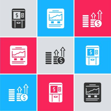 ATM ve parayı ayarla, büyüme grafiği ve finansal dolar ikonu olan web sitesi. Vektör.