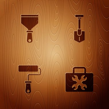 Alet çantası, macun bıçağı, boya fırçası ve tahta arka planda kürek. Vektör.