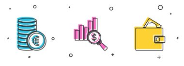 Avro sembolü, turta şeması, dolar ve cüzdan ikonu ile madeni para ayarla. Vektör.