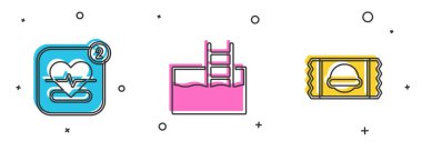 Kalp atış hızı, yüzme havuzu merdiveni ve spor beslenme ikonu olan bir araç ayarla. Vektör.