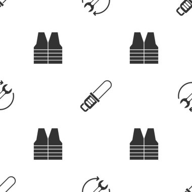 Tel ve okları iş akışı, testere ve güvenlik yeleği olarak pürüzsüz desenlere ayarlayın. Vektör.