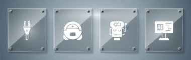 Yazılım seti, Robot düşük pil şarjı, elektrik süpürgesi ve elektrik prizi. Kare cam paneller. Vektör.