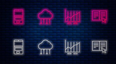 Satır Ağ Bulut bağlantısını, Pasta grafiği bilgisini, Dizüstü bilgisayarı ve Çevrimiçi kitabı ayarla. Tuğla duvarda parlayan neon simgesi. Vektör.