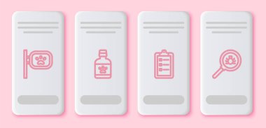 Hayvan bakımı, köpek ilacı şişesi, tımar salonu fiyat listesi ve pire araması. Beyaz dikdörtgen düğme. Vektör.