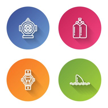 Aqualung hattı, dalış saati ve köpekbalığı yüzgeci okyanus dalgası. Renkli daire düğmesi. Vektör.