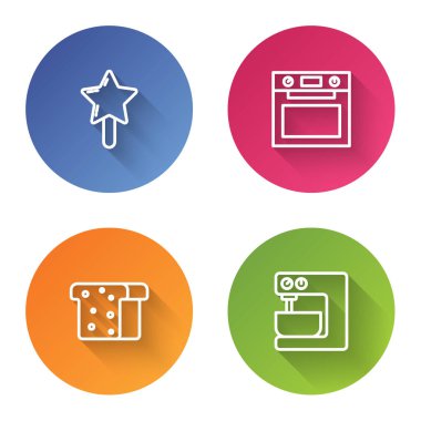 Hattı, lolipop, fırın, ekmek kızartma ve elektrikli mikser olarak ayarla. Renkli daire düğmesi. Vektör.