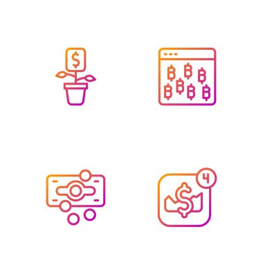 Mobil hisse senedi ticareti, kağıt para yığını, dolar fabrikası ve Bitcoin tarayıcısı ayarla. Renk simgeleri. Vektör.