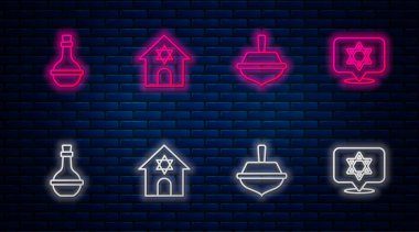 Yahudi sinagogu, Hanuka dreidel, şarap şişesi ve Davut Yıldızı. Tuğla duvarda parlayan neon simgesi. Vektör.