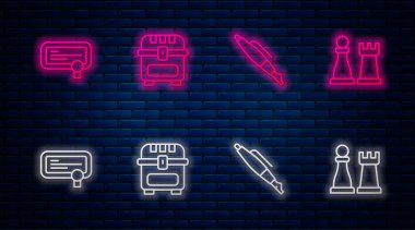 Antik hazine sandığı, dolmakalem ucu, sertifika şablonu ve satranç. Tuğla duvarda parlayan neon simgesi. Vektör.