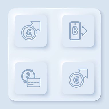 Finansal büyüme ve pound, cep telefonu, kredi kartı ve avrodan madencilik bitcoin hattı belirleyin. Beyaz kare düğme. Vektör.