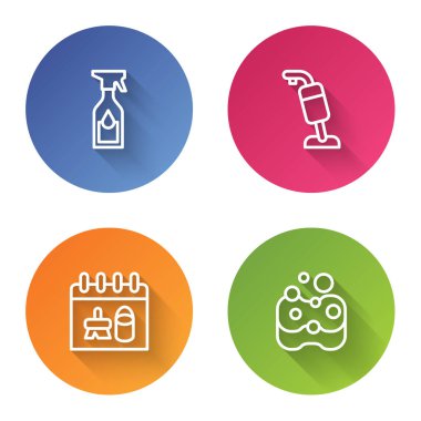 Hat temizleme sprey şişesi, elektrikli süpürge, takvim ve sünger. Renkli daire düğmesi. Vektör.