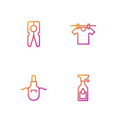 Set hattı temizleme spreyi şişesi, mutfak önlüğü, elbise iğnesi ve kurutma giysileri. Renk simgeleri. Vektör.