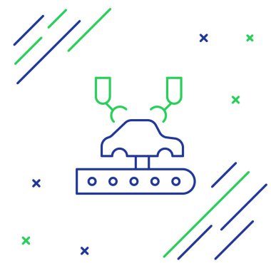 Hat Endüstriyel Robotik Robot Kol Kolu beyaz arka planda izole edilmiş araba fabrikası ikonu. Endüstriyel otomobil üretimi. Renkli taslak konsepti. Vektör.