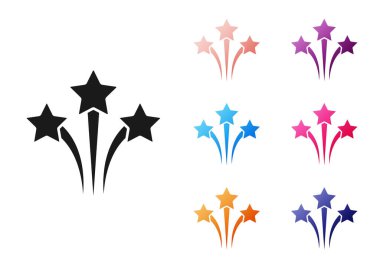 Beyaz arkaplanda siyah havai fişek simgesi izole edildi. Eğlence partisi anlayışı. Patlayıcı havai fişek sembolü. Simgeleri renklendirin. Vektör.