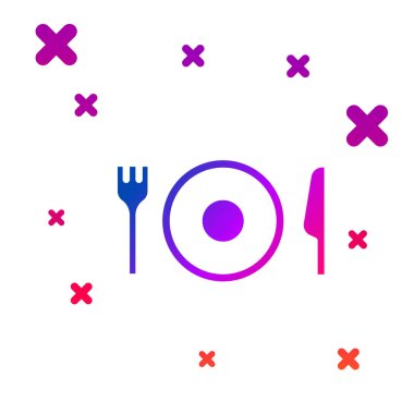 Beyaz arka planda renk plakası, çatal ve bıçak simgesi izole edildi. Çatal bıçak sembolü. Restoran tabelası. Kademeli rastgele dinamik şekiller. Vektör.