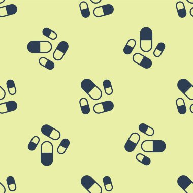 Mavi Vitamin kompleksi hap kapsülü ikonu sarı arka planda izole edilmiş kusursuz desen. Sağlıklı bir yaşam tarzı. Vektör.