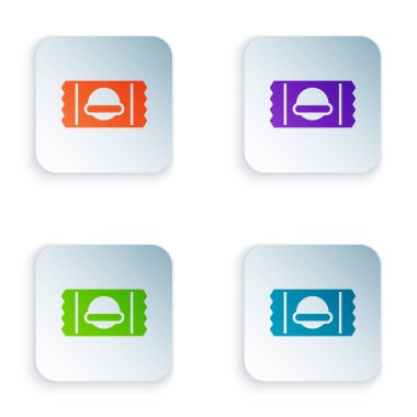 Renkli Spor Beslenme Vücut Geliştirme Protein İçeceği ve beyaz arka planda izole edilmiş yiyecek ikonu. Kare düğmelere renkli simgeleri yerleştir. Vektör.