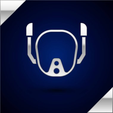 Gümüş Dalış Maskesi simgesi koyu mavi arkaplanda izole edildi. Olağanüstü bir spor. Su altı ekipmanları. Vektör.