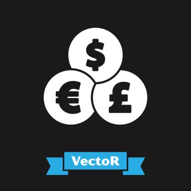 Siyah arkaplanda beyaz para değişimi simgesi izole edildi. Para transferi sembolü. Bankacılık işareti. Vektör.