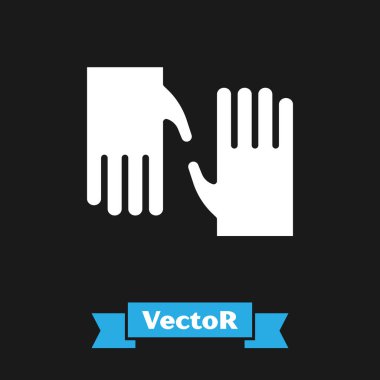 Siyah arka planda beyaz lastik eldiven ikonu var. Lateks el koruması işareti. Ev işi temizlik ekipmanları sembolü. Vektör.