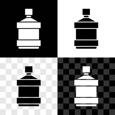 Siyah beyaz, şeffaf arkaplanda temiz su ikonu olan büyük bir şişe ayarla. Soğutucu için plastik kap. Vektör.